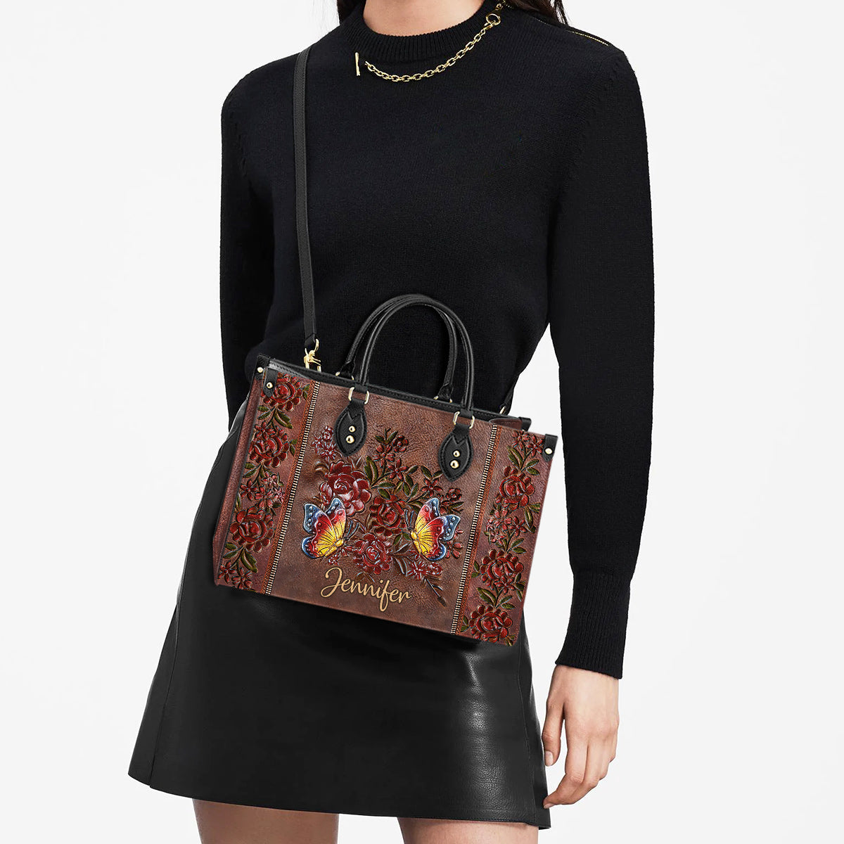 Personalized Butterfly Gorgeous Flower Leather Bag, Women's Pu Leather Bag, Best Mother's Day Gifts