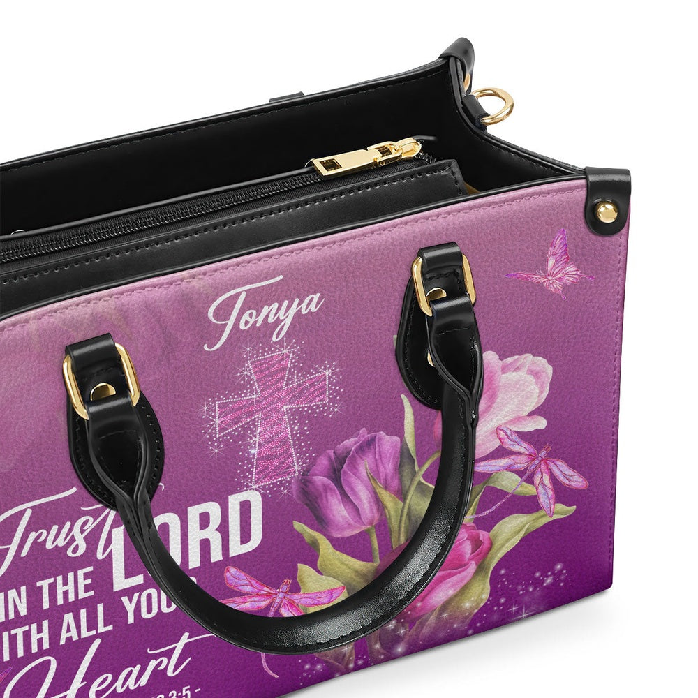Personalized Christian Leather Bag, Trust In The Lord With All Your Heart Proverbs 35 Tulip And Cross Leather Handbag, Faith Handbag