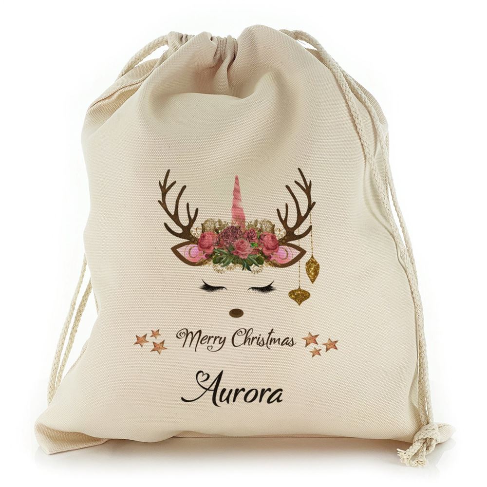 Pink Floral Reindeer Unicorn Christmas Sack, Gift For Chidren, Christmas Bag Gift, Christmas Gift 2023